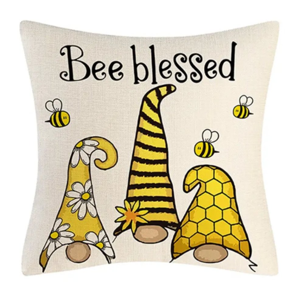 NEW BEE BLESSED GNOMES DAISIES BEES POLYESTER DECORATIVE PILLOW COVER 17.7"